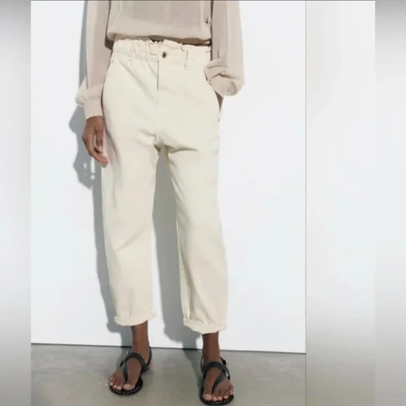 Zara White Paperbag Waist Trousers Jeans Size 10 - Picture 5 of 12